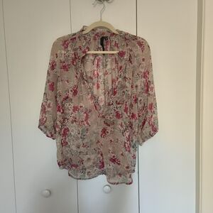 Pink and Cream Floral Wrap Blouse with 3/4 Sleeves
